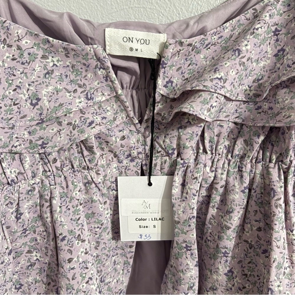 NWT On You Alexander Marie Boutique Purple Floral Ruffle Babydoll Crop Top NEW - Picture 3 of 4